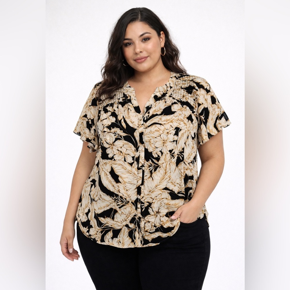 ROSE + OLIVE Black Ivory Smocked Floral Print Flutter Sleeve Blouse Size 1X